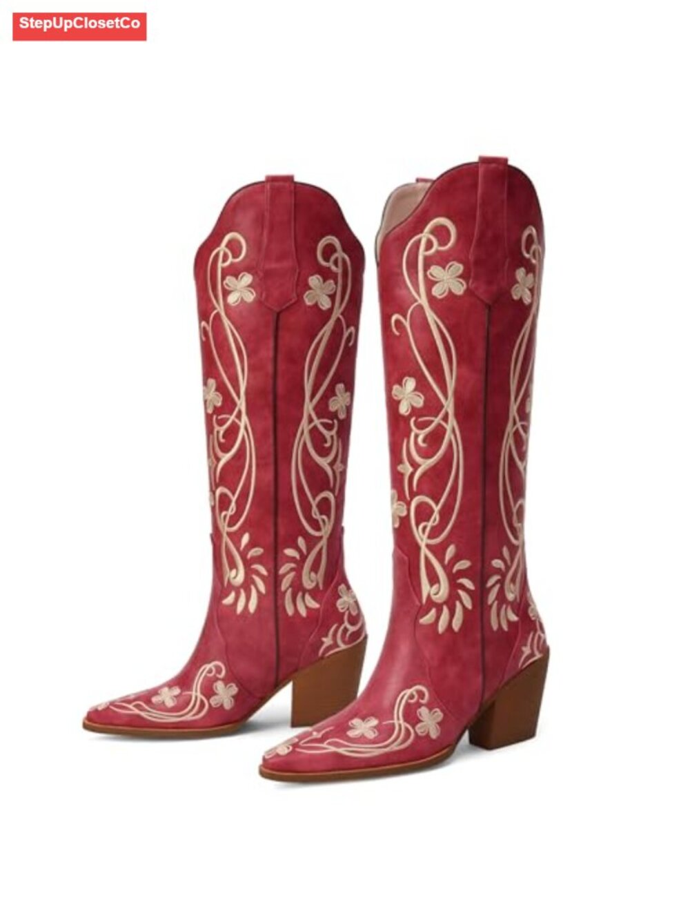 Faux Leather Knee High Cowboy Boots Block Heel Pull On - Picture 4 of 6